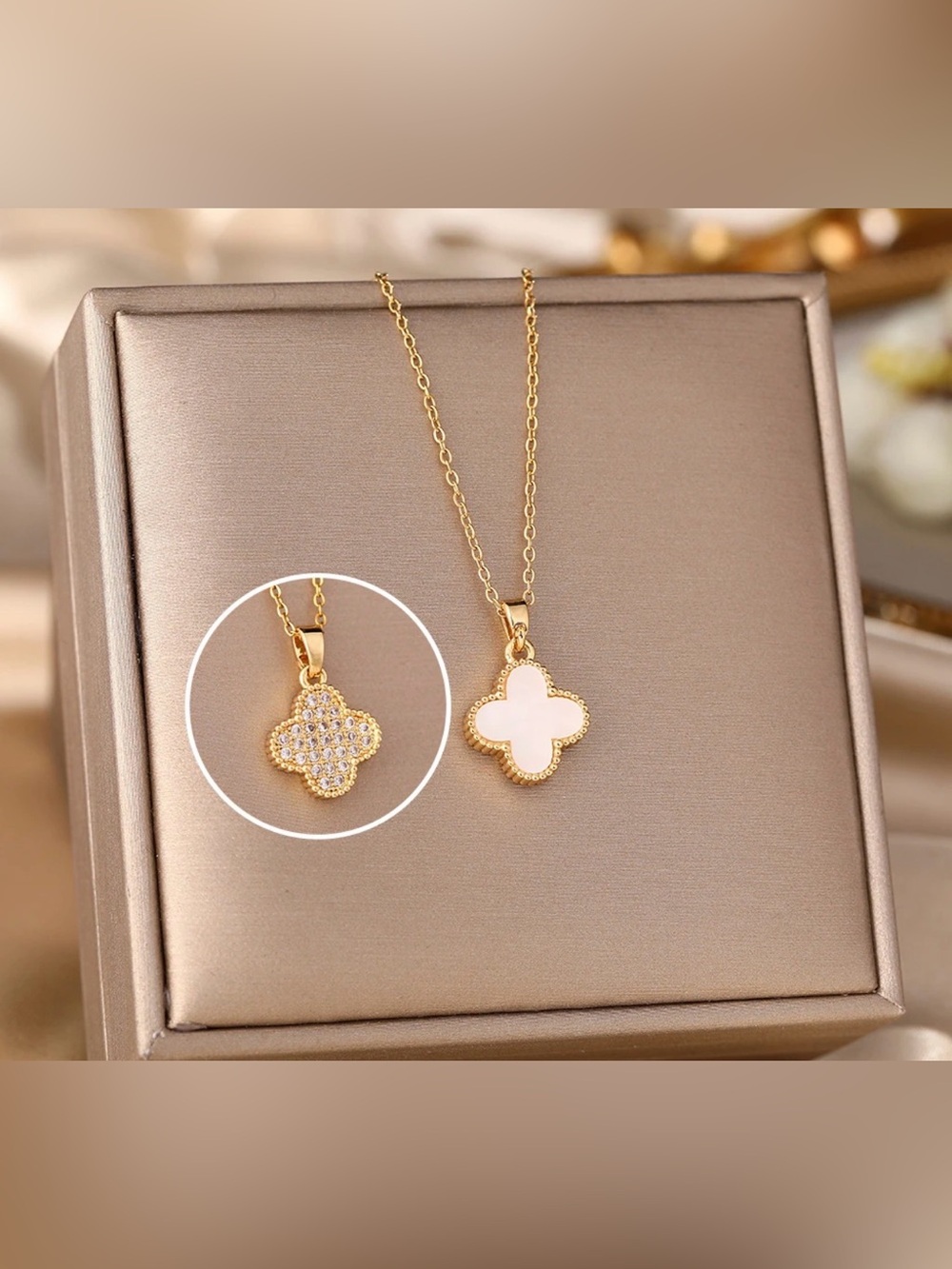 Gold Clover Pendant Necklace with White Inlay - Women Jewelry